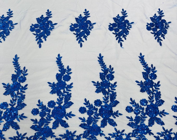 Royal Blue floral design embroider and beaded on a mesh lace fabric-Wedding/Bridal/Prom/Nightgown fabric.
