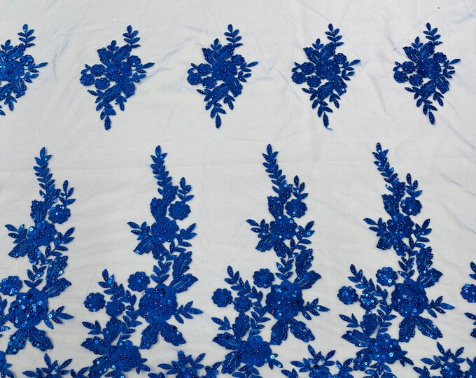 Royal Blue floral design embroider and beaded on a mesh lace fabric-Wedding/Bridal/Prom/Nightgown fabric.