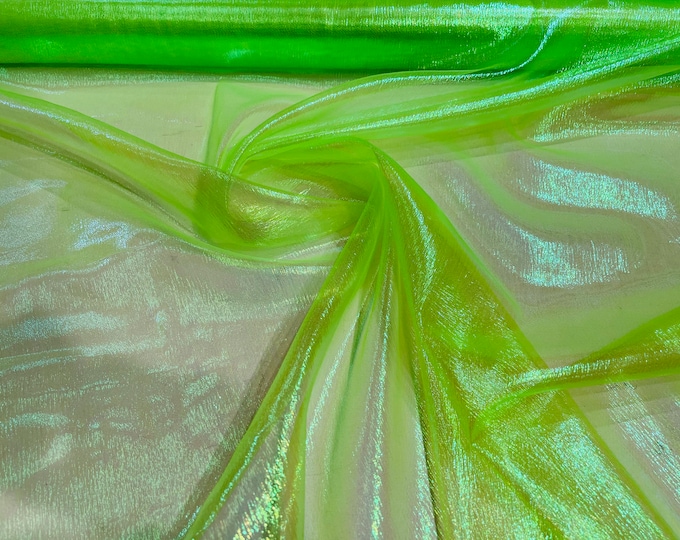 Neon Green Iridescent Crush 40-45 Inches Wide 100% Polyester Soft Light Weight, Sheer, See Through iridescent Organza-Sold By The Yard.