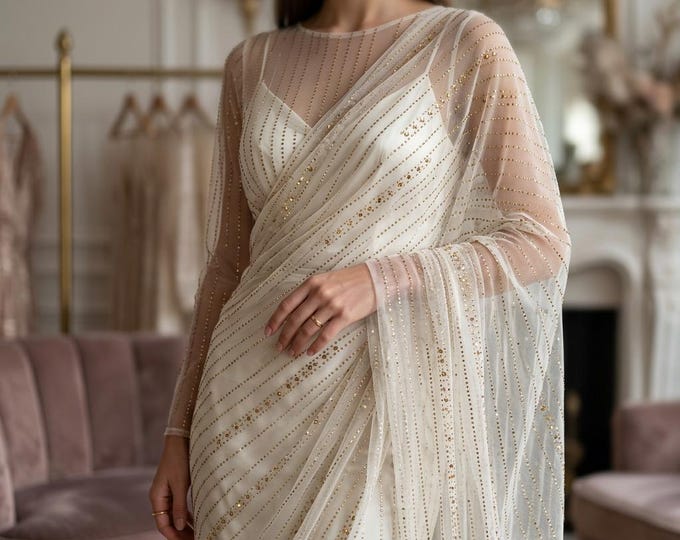 Ivory Gold Glitter Mesh Fabric Sheer Power Mesh Fabric Bridal Lace Fabric Stretch Nylon Spandex Fabric Wedding Dress Fabric by Yard