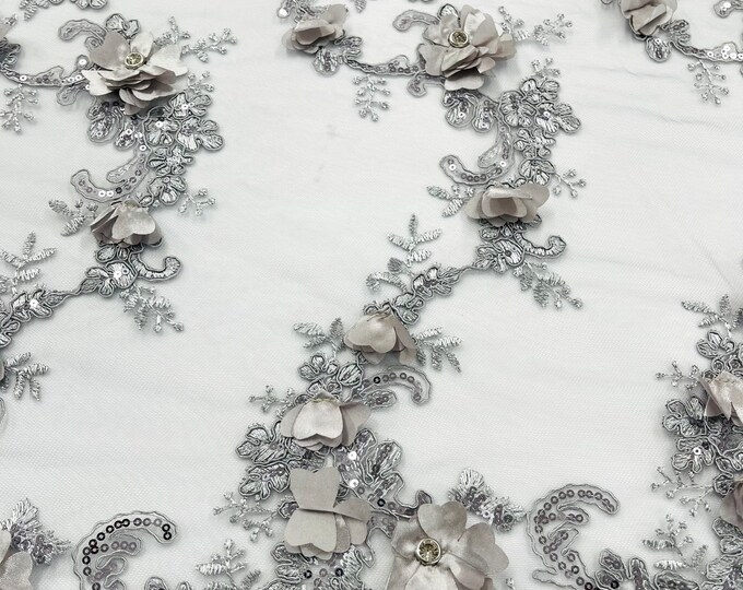 Silver 3d floral design embroider and beaded with rhinestones on a mesh lace-prom-apparel-fashion-sold by yard.