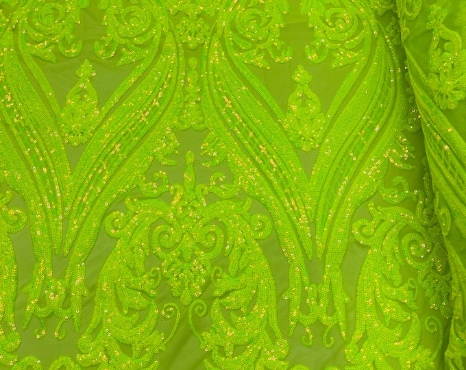 Neon Green iridescent empire damask design with sequins embroider on a 4 way stretch mesh fabric-sold by the yard.