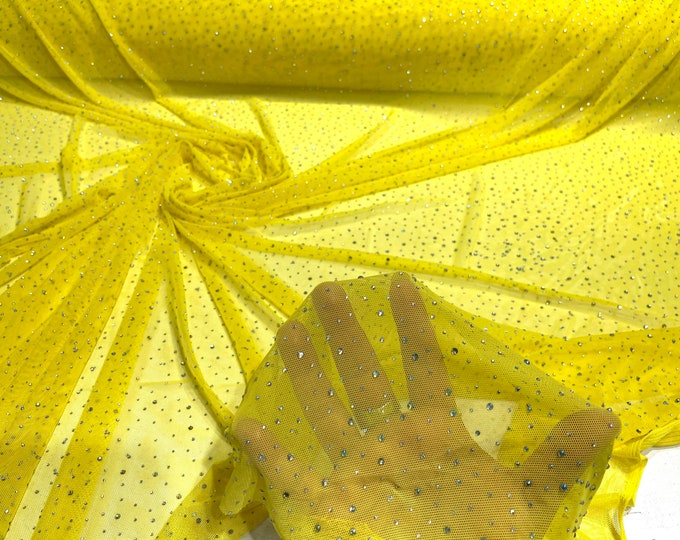 Yellow Sheer All Over AB Rhinestones On Stretch Power Mesh Fabric, Sold by The Yard.