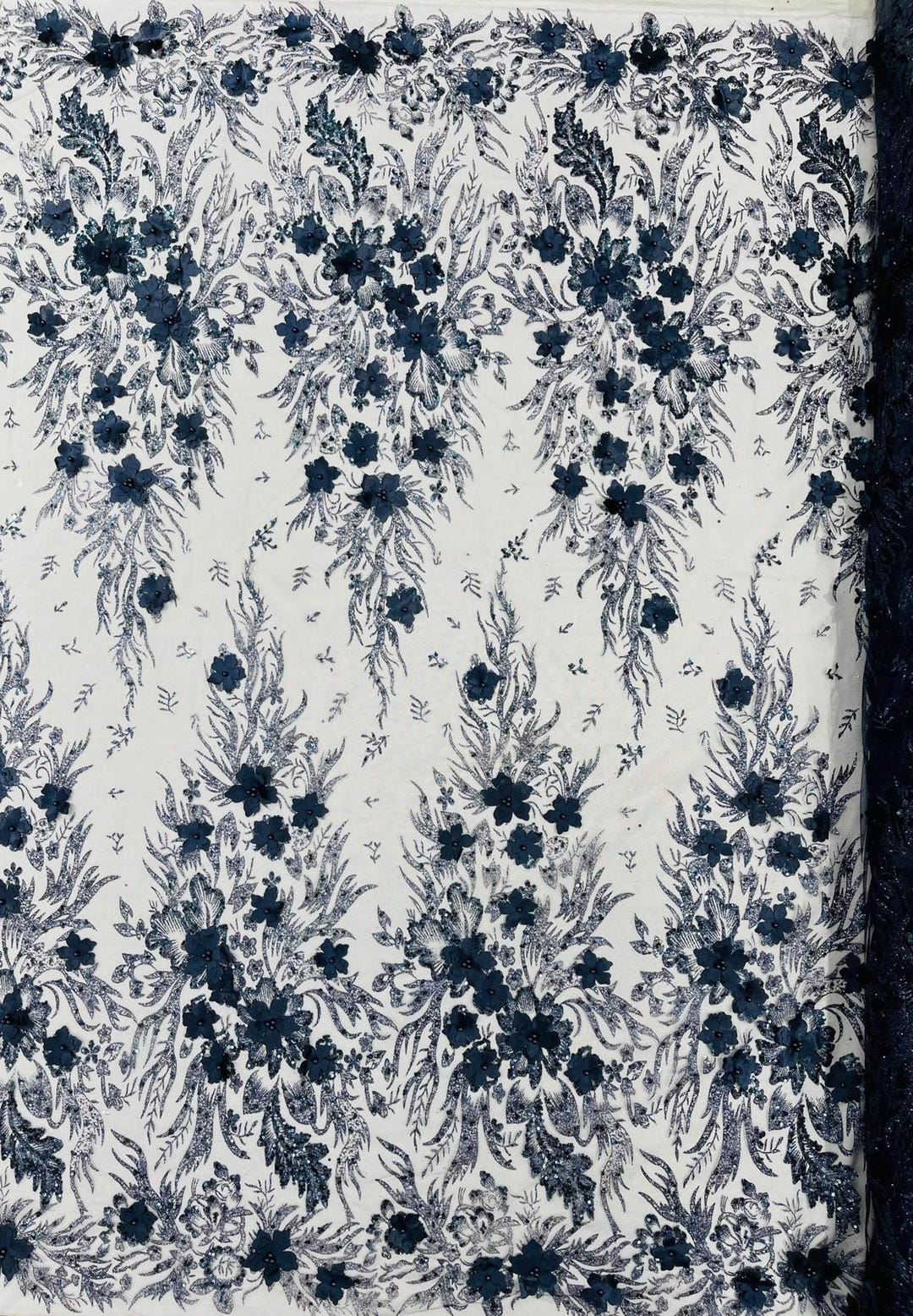 Navy Blue 3D Floral Big Glitter Damask Design on A Mesh Lace Fabric ...