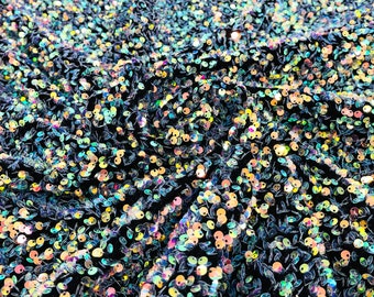 Clear iridescent All-Over 5mm Shiny Sequins Black Stretch Velvet 54" Wide.