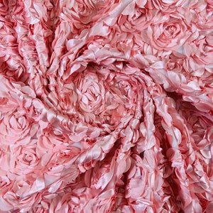 Blush pink 3D Rosette Embroidery Satin Rose Flowers  Floral Mesh Fabric by the yard