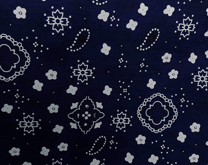 Navy Blue 58/59" Wide 65% Polyester 35 percent  Cotton Bandanna Print Fabric, Good for Face Mask Covers, Sold By The Yard.