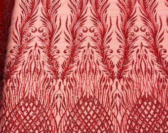 Red feathers damask embroider and heavy beaded on a mesh lace fabric-sold by the yard-