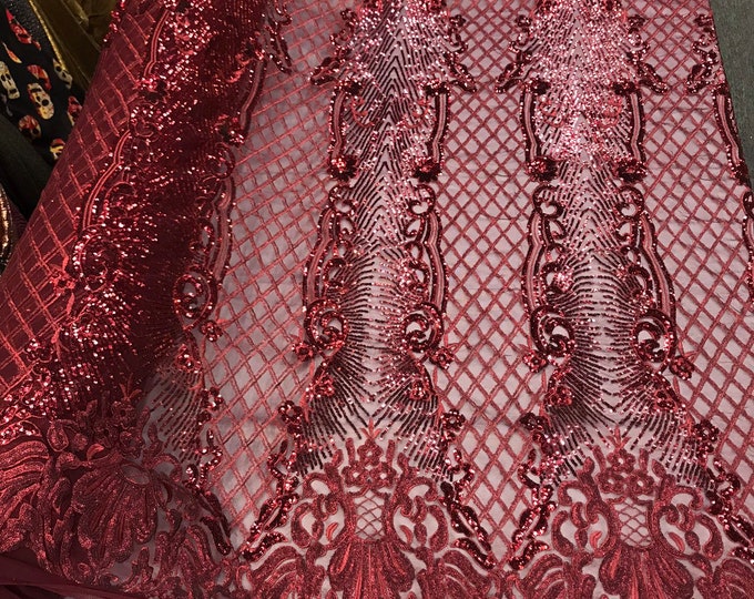 Burgundy glitter sequins damask design on a 4 way stretch black mesh lace-prom-nightgown-sold by the yard-free shipping in the USA.