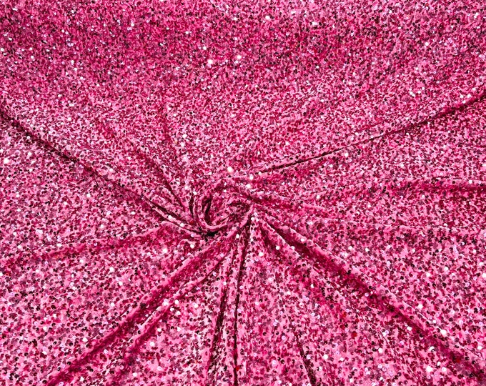 Pink 5mm sequins on a stretch velvet 2-way stretch, sold by the yard.