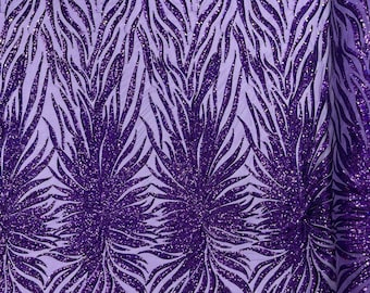 Purple Iridescent - Phoenix feather design with sequins embroider on a purple 4 way stretch mesh fabric-sold by the yard.