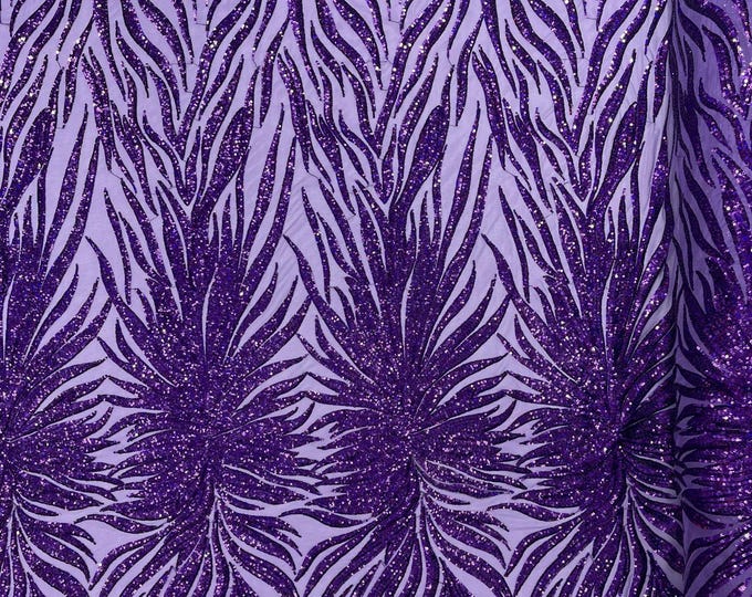 Purple Iridescent - Phoenix feather design with sequins embroider on a purple 4 way stretch mesh fabric-sold by the yard.