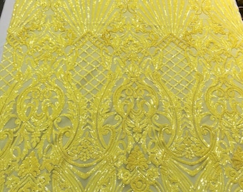 Bright yellow damask sequin design on a 4 way stretch mesh-dresses-prom-nightgown-sold by the yard-free shipping in the USA-