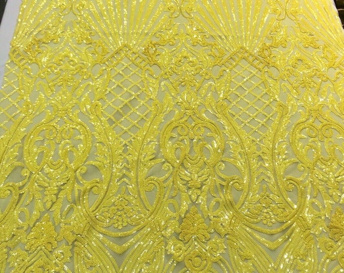 Bright yellow damask sequin design on a 4 way stretch mesh-dresses-prom-nightgown-sold by the yard-free shipping in the USA-