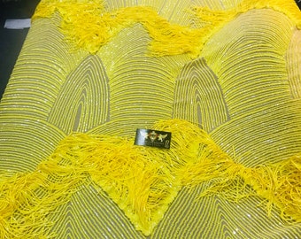 NEW!! Bright yellow fringe sequins design on a 4 way stretch nude mesh fabric-prom-nightgown-sold by the yard-free shipping in the USA-