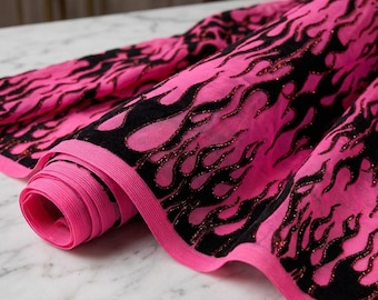 Neon Pink Flame Fabric 60” Wide | Black Flocked Flames Mesh with Red Glitter | Hot Rod Upholstery, Costume & Fashion Fabric