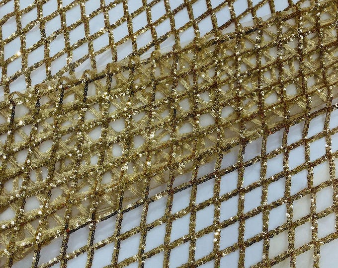 Diamond Sequin Mesh Fabric 54" Wide| Wedding & Party- Gold