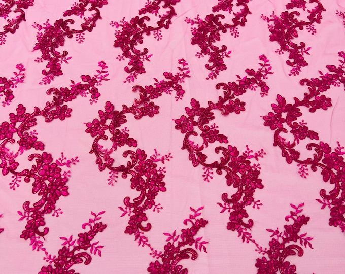 Fuchsia flower lace corded and embroider with sequins on a mesh-Sold by the yard.