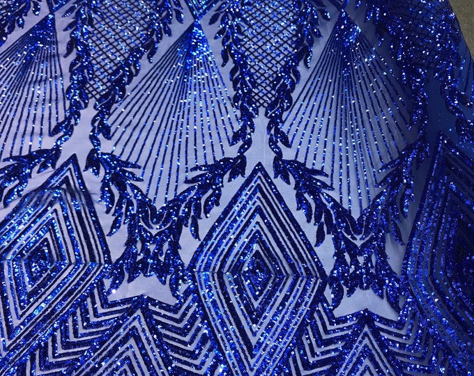 Royal blue geometric diamond design with shiny sequins on a 4 way stretch mesh-dresses-prom-nightgown-sold by yard-free shipping in the USA.