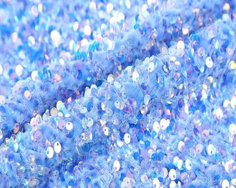 Light Blue Iridescent On Light Blue stretch velvet with luxury sequins all over 5mm shining sequins 2-way stretch, sold by the yard.