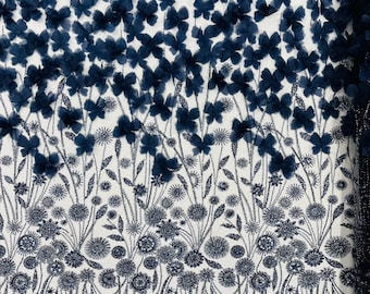 Navy Blue - Luxury 3D Floral/Butterfly Beaded lace, by The Yard.