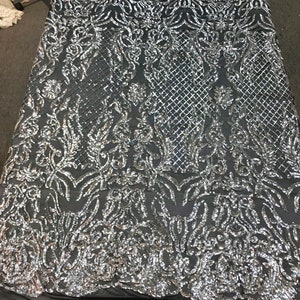 Silver shiny sequin damask design embroidery on a 4 way stretch black mesh-dresses-fashion-prom-nightgown-Sold by yard.