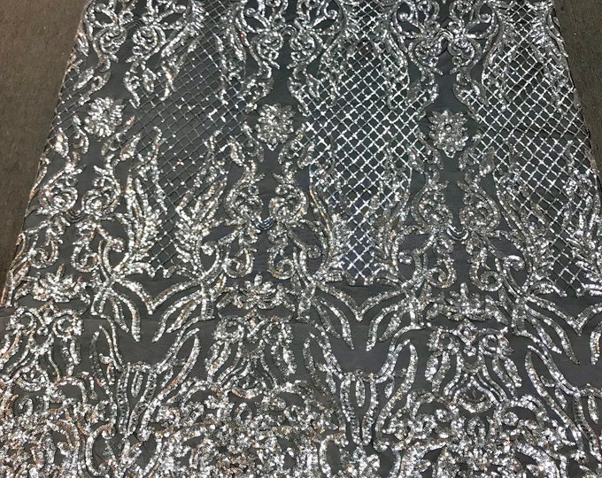 Silver shiny sequin damask design embroidery on a 4 way stretch black mesh-dresses-fashion-prom-nightgown-Sold by yard.