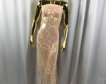 Pink 4 way Stretch power mesh lace embroidered with shiny iridescent sequins-dresses-fashion-prom-apparel-nightgown-sold by the yard.