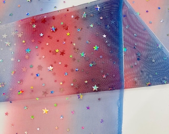 Red Blue And White Tie dyed mesh With Silver Stars Fabric| 58" Wide| 4th Of July.