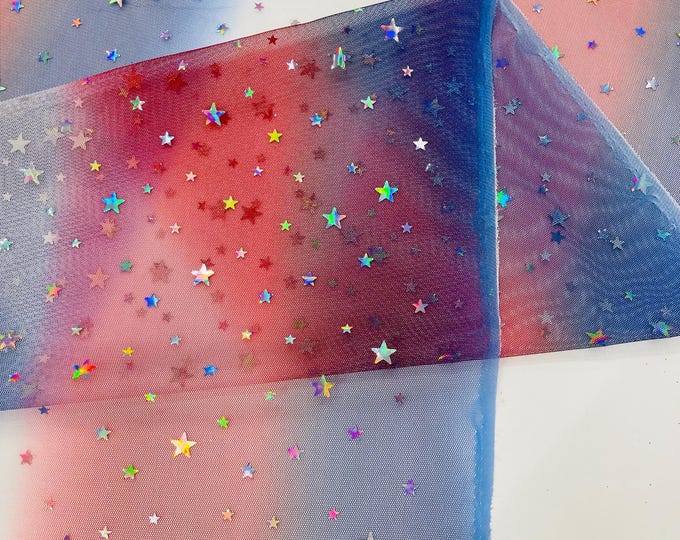 Red Blue And White Tie dyed mesh With Silver Stars Fabric| 58" Wide| 4th Of July.