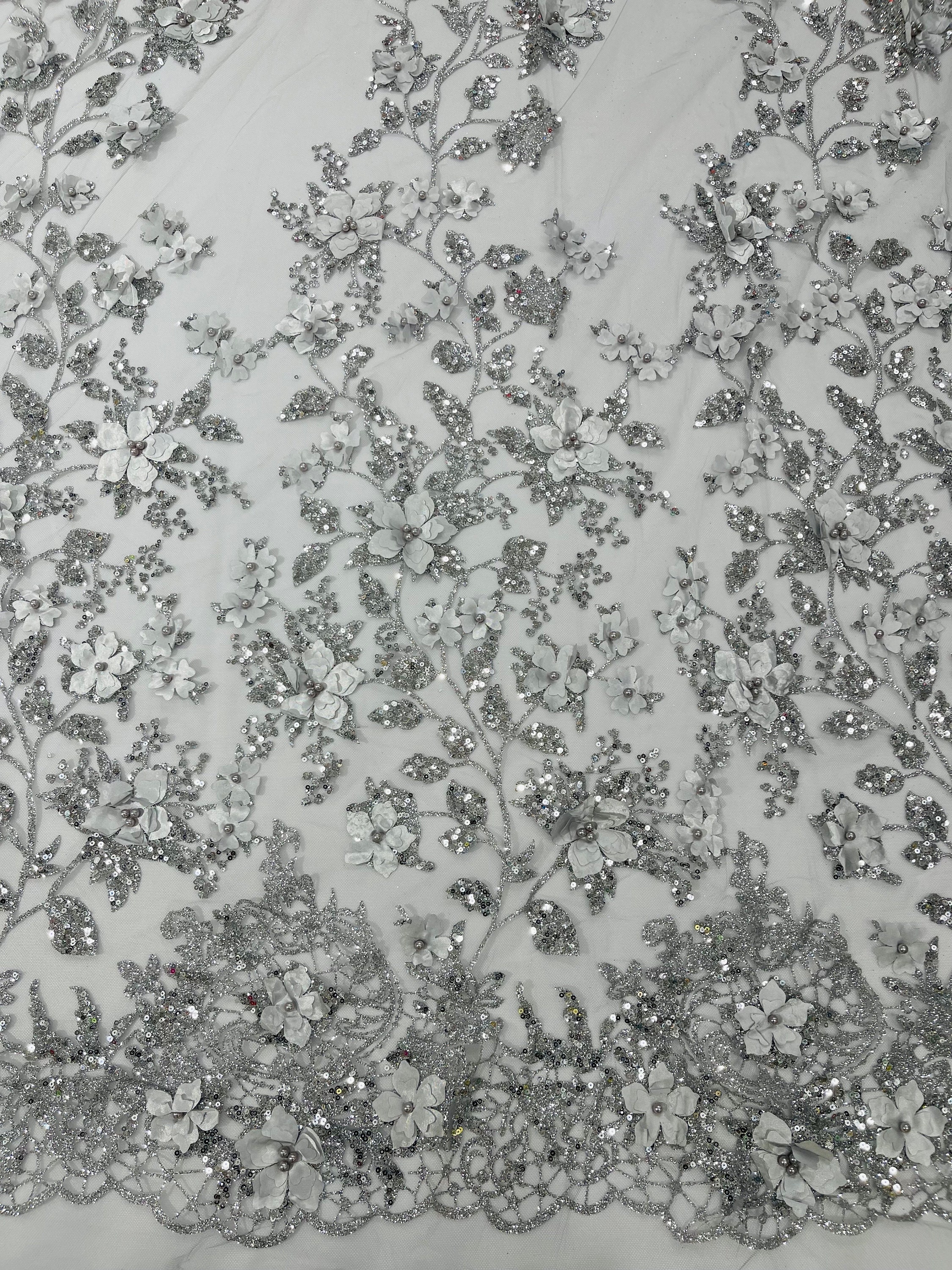 Silver 3D Princess Satin Flower Glitter Sequin Lace Fabric 54" Wide ...