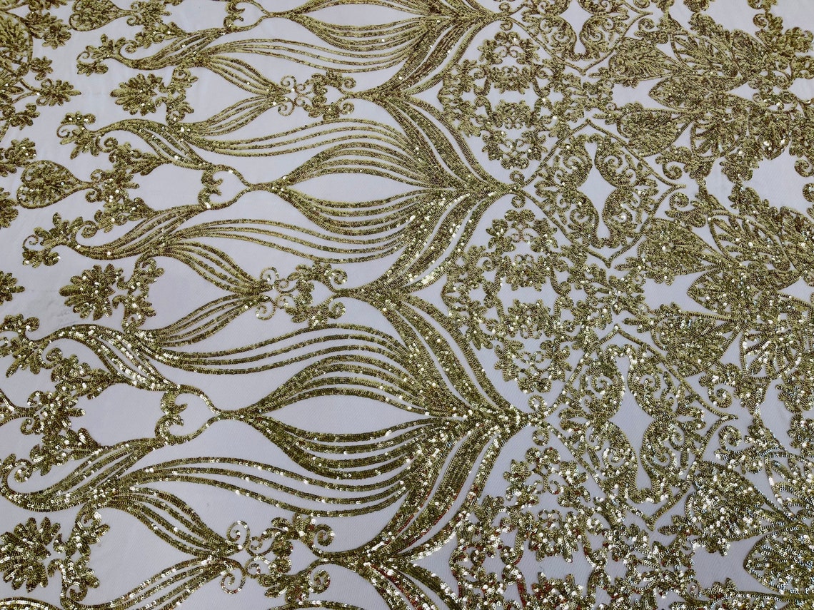 New Gold shiny sequin damask design on a 4 way stretch mesh-sold by the yard. main image 0