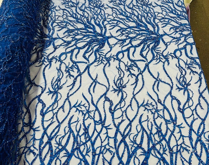 Royal blue Vine Design Embroider and heavy beading on a mesh lace-sold by the yard.