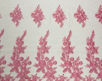 Candy Pink floral design embroider and beaded on a mesh lace fabric-Wedding/Bridal/Prom/Nightgown fabric.
