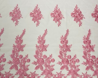 Candy Pink floral design embroider and beaded on a mesh lace fabric-Wedding/Bridal/Prom/Nightgown fabric.