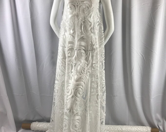 Luxurious white sequins embroider on a vintage mesh lace.Wedding/Bridal/Prom/Nightgown fabric-dresses-fashion-Sold by the yard.