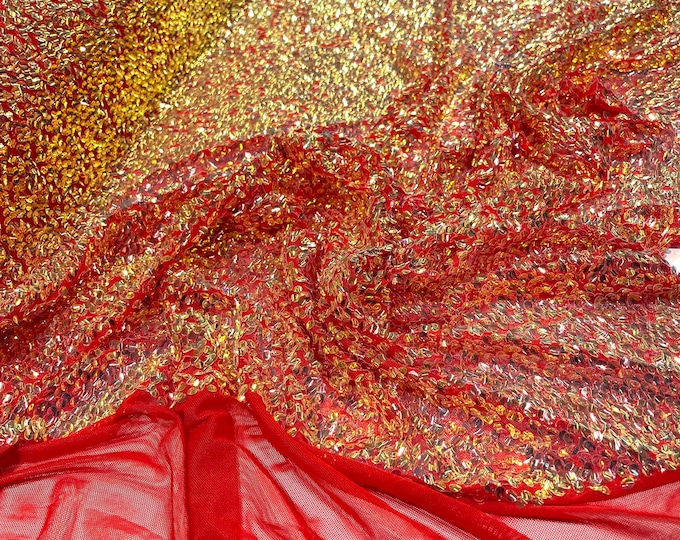 Aqua Clear iridescent mini round paillette sequins embroidered on a Red stretch mesh, sold by the yard.