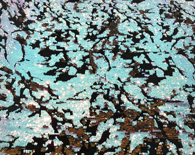 Aqua/ Pink/Gold iridescent sequins flip two tone camouflage  design on a black stretch velvet, Sold by the yard.