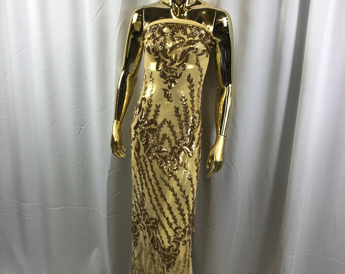 Gold 4 way Stretch power mesh lace embroidered with shiny sequins-dresses-fashion-prom-nightgown-apparel-decorations-sold by the yard.