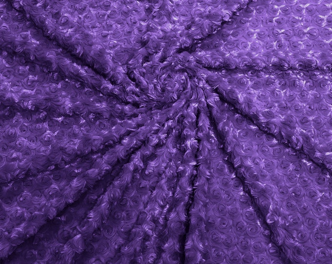 Purple  58" Wide Minky Swirl Rose Blossom Ball Rosebud Plush Fur Fabric Polyester
