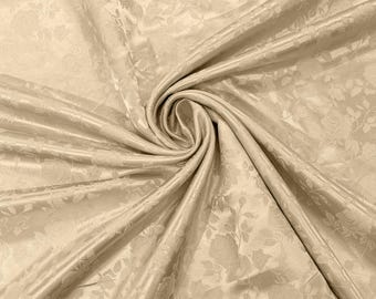 Champagne 58" Wide Polyester Flower Brocade Jacquard Satin Fabric, Wedding, Dressmaking