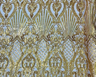 Gold hologram sequin shell damask design on a 4 way stretch mesh fabric -prom-sold by the yard.