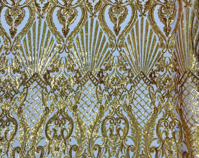 Gold hologram sequin shell damask design on a 4 way stretch mesh fabric -prom-sold by the yard.