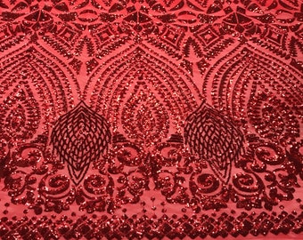 Red geometric diamond design embroidery with sequins on a 4 way stretch mesh-dresses-fashion-prom-nightgown-sold by the yard.