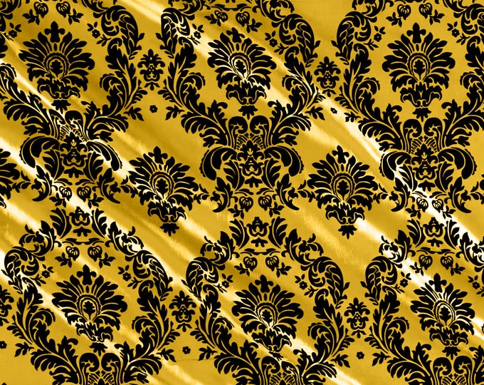 Yellow - Flocked Damask Taffeta Fabric - Sold By The Yard.