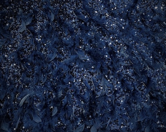 Navy Blue 5mm sequins on a stretch velvet with feathers  2-way stretch, sold by the yard