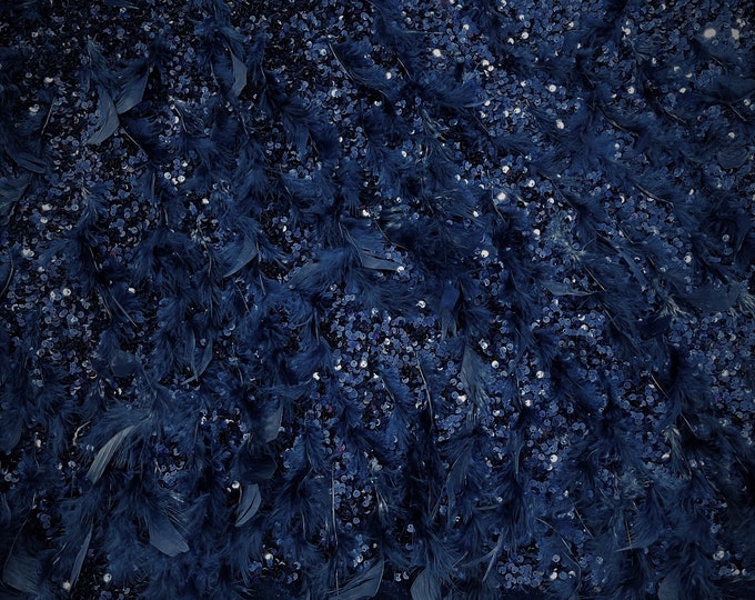 Navy Blue 5mm sequins on a stretch velvet with feathers  2-way stretch, sold by the yard