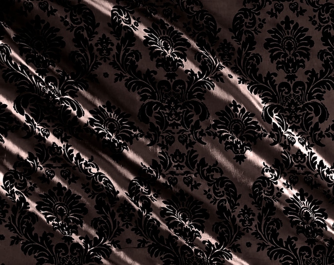 Brown - Flocked Damask Taffeta Fabric - Sold By The Yard.