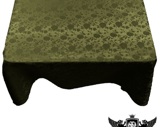 Olive Green Square Tablecloth Roses Jacquard Satin Overlay for Small Coffee Table Seamless.