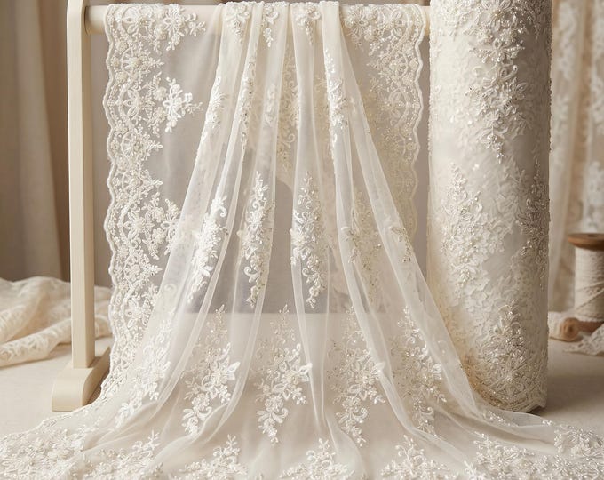 Ivory Floral Beaded Lace Fabric By The Yard, Embroidered Mesh Lace With Sequins For Bridal Wedding Dresses & Couture Gowns